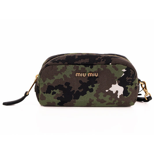 NEW $420 MIU MIU Green Brown CAMOUFLAGUE Nylon Twill Wristlet Make-up Pouch BAG