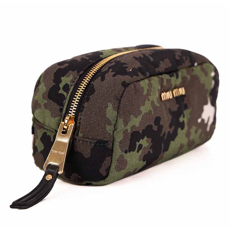 NEW $420 MIU MIU Green Brown CAMOUFLAGUE Nylon Twill Wristlet Make-up Pouch BAG