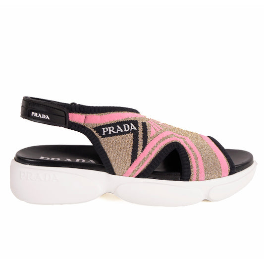 38 NEW $679 PRADA Women's Gold Pink LUREX KNIT Sporty Logo CLOUDBURST SANDALS