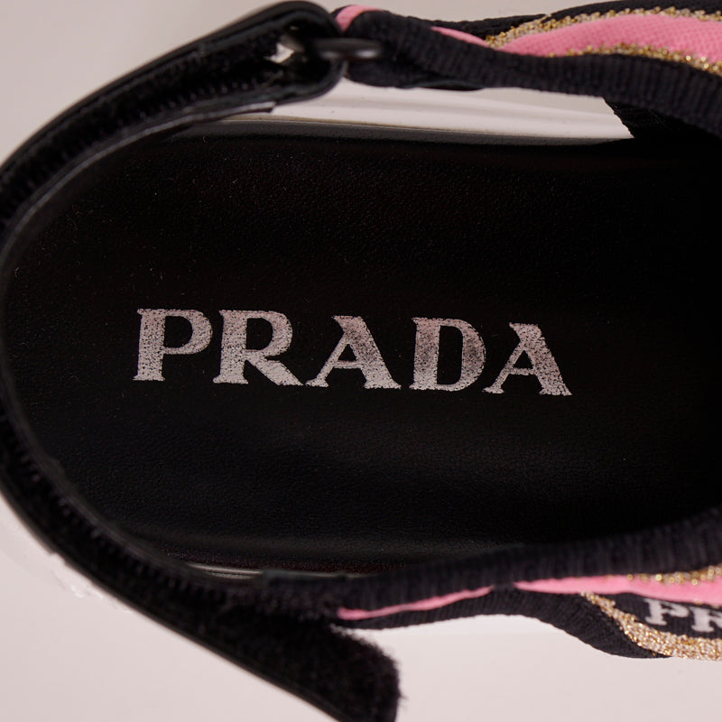 38 NEW $679 PRADA Women's Gold Pink LUREX KNIT Sporty Logo CLOUDBURST SANDALS