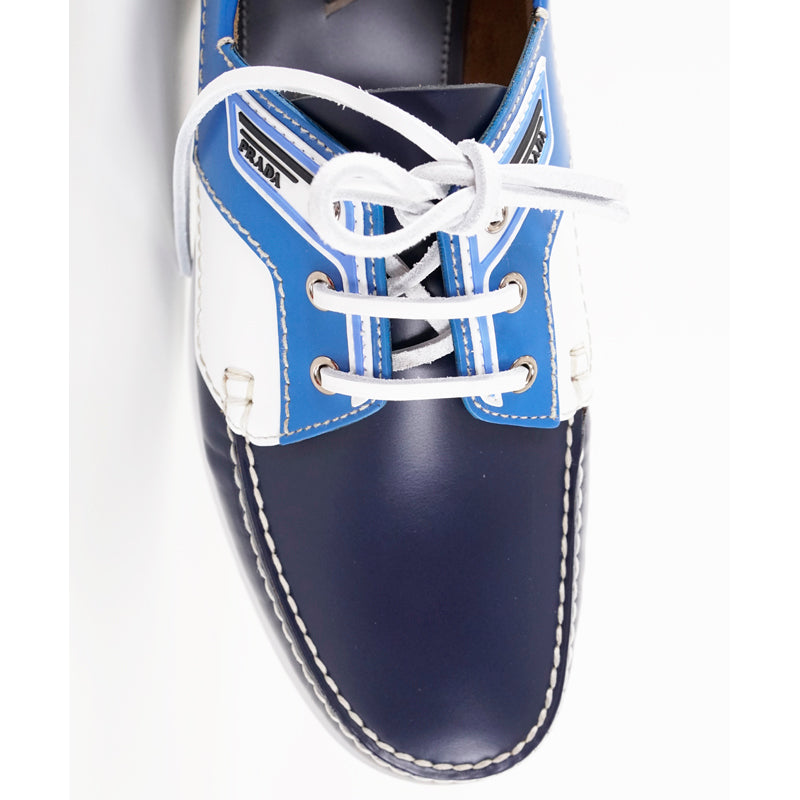 US 11.5 NEW $890 PRADA Blue Leather COLOR BLOCK Sporty BOAT DECK SHOES NIB
