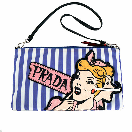 NEW $1,200 PRADA Blue White Striped Nylon COMIC LOGO Saffiano Patch Shoulder BAG