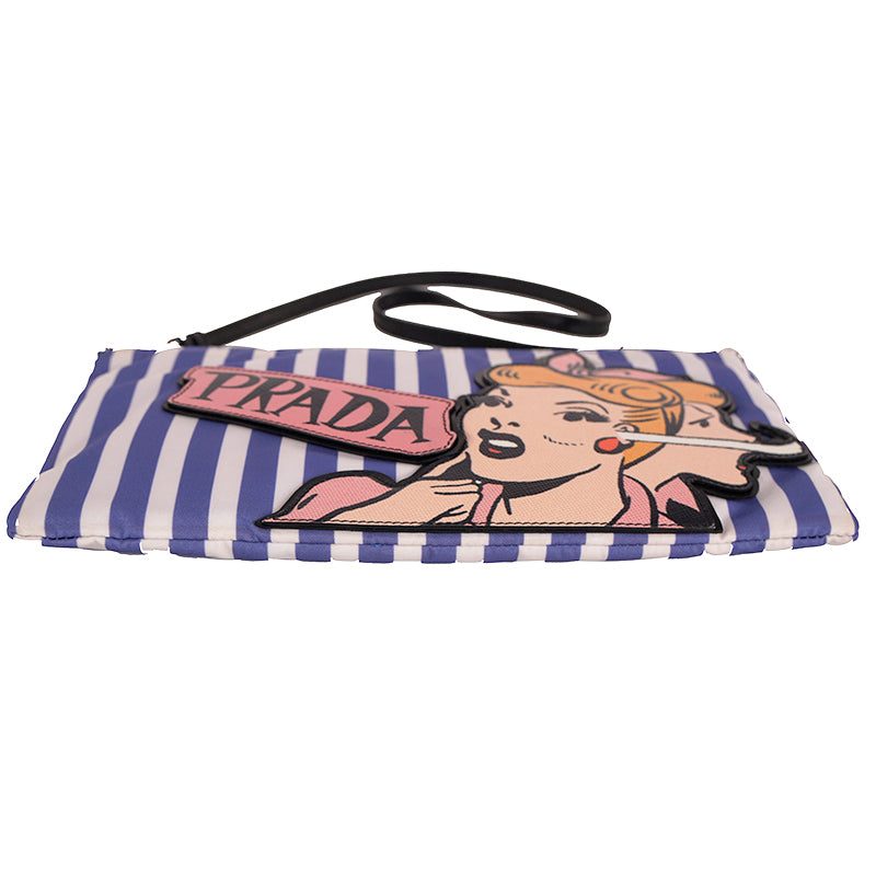 NEW $1,200 PRADA Blue White Striped Nylon COMIC LOGO Saffiano Patch Shoulder BAG