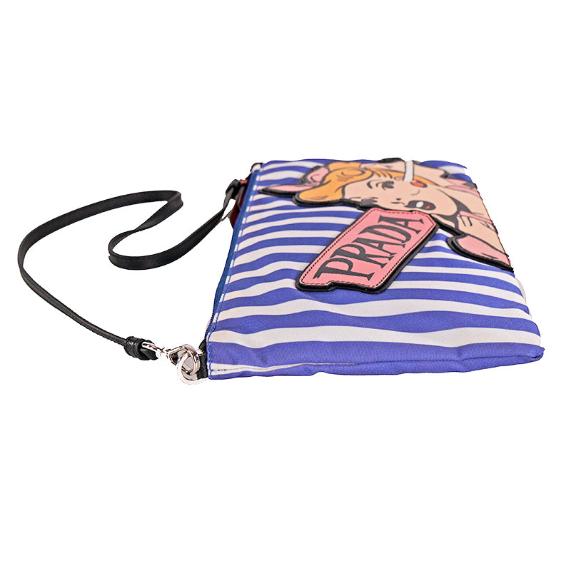 NEW $1,200 PRADA Blue White Striped Nylon COMIC LOGO Saffiano Patch Shoulder BAG