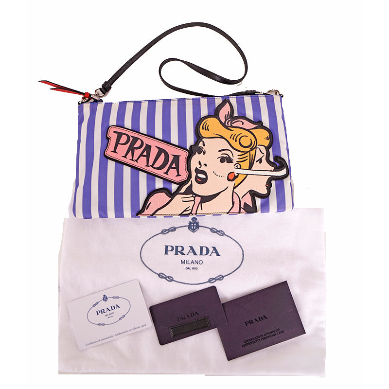 NEW $1,200 PRADA Blue White Striped Nylon COMIC LOGO Saffiano Patch Shoulder BAG