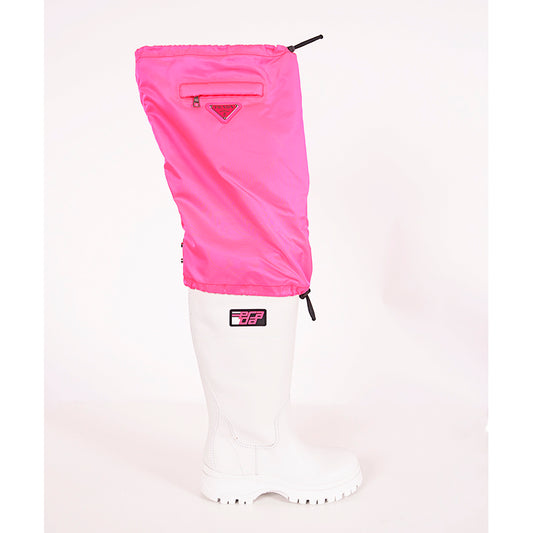 37 & 37.5 NEW $1280 PRADA White Leather Pull On BOOTS W Removable Pink Nylon Logo GAITER