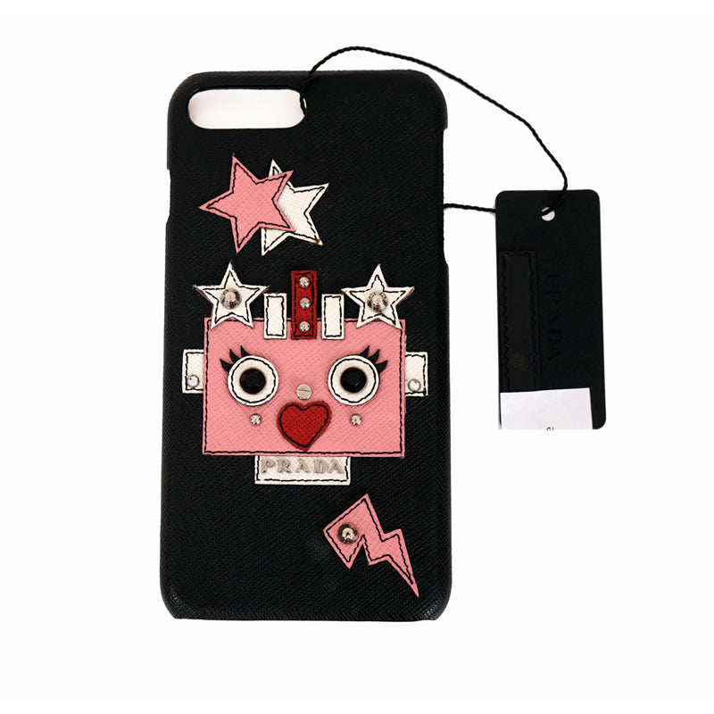 NEW $290 PRADA Black SAFFIANO LEATHER iPhone 6+ PINK ROBOT Stars PHONE CASE NWT