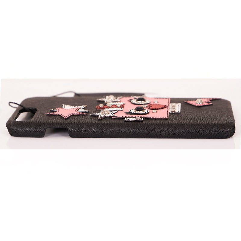 NEW $290 PRADA Black SAFFIANO LEATHER iPhone 6+ PINK ROBOT Stars PHONE CASE NWT