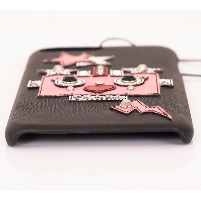NEW $290 PRADA Black SAFFIANO LEATHER iPhone 6+ PINK ROBOT Stars PHONE CASE NWT