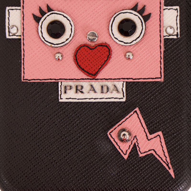 NEW $290 PRADA Black SAFFIANO LEATHER iPhone 6+ PINK ROBOT Stars PHONE CASE NWT