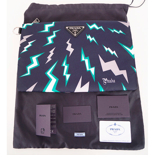 NEW $950 PRADA MEN Blue Frankenstein Thunderbolt Print PADDED NYLON Clutch BAG