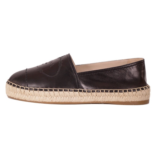 37 NEW $950 PRADA Black Leather EMBOSSED LOGO CREST Summer FLATS ESPADRILLE NIB