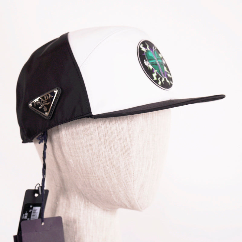 XL NEW $570 PRADA FRANKENSTEIN SAFFIANO LEATHER PATCH Black Nylon BASEBALL CAP HAT