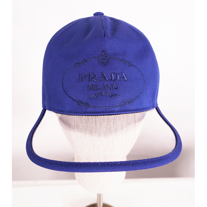 sz L NEW $420 PRADA Blue Cotton Embroidered LOGO Clear PVC Bill BASEBALL CAP HAT