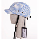 XS NEW $590 PRADA Woman's RUNWAY Print Blue Gingham Cotton Chin Strap Cap HAT