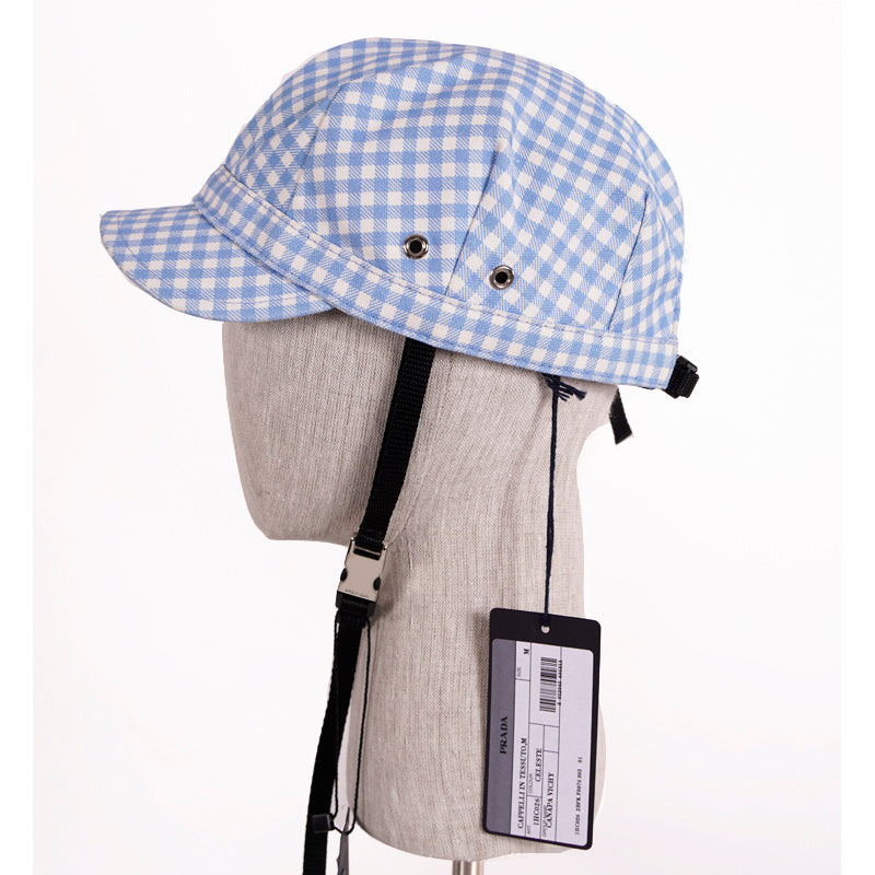 XS NEW $590 PRADA Woman's RUNWAY Print Blue Gingham Cotton Chin Strap Cap HAT