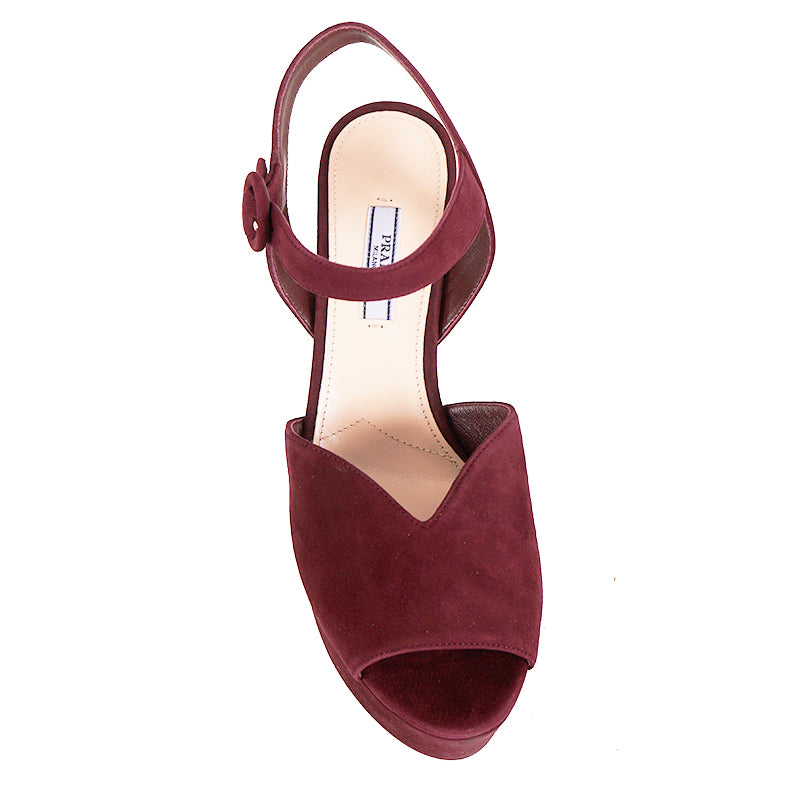 38.5 NEW $850 PRADA Garnet Red Suede Leather Block Chunky Ankle Strap SANDALS