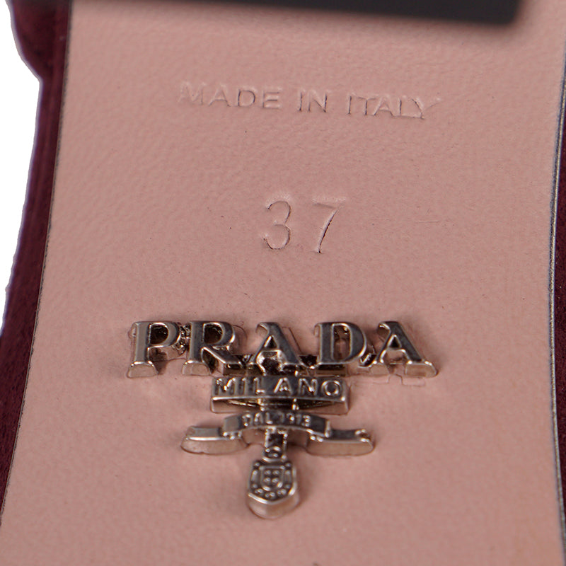 38.5 NEW $850 PRADA Garnet Red Suede Leather Block Chunky Ankle Strap SANDALS