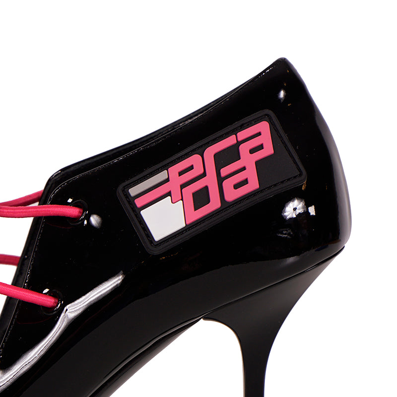 sz 39.5 NEW $850 PRADA Runway Black Patent RUBBER LOGO D'orsay High-heel PUMPS