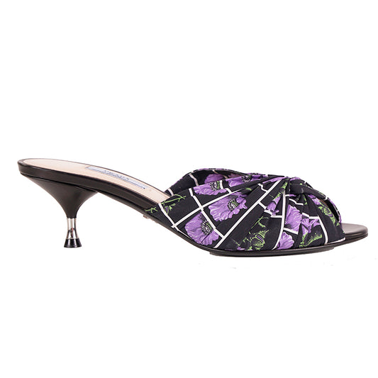 38.5 NEW $750 PRADA Black Cotton Canvas Purple POPPY Floral Print Kitten Heel SANDALSs