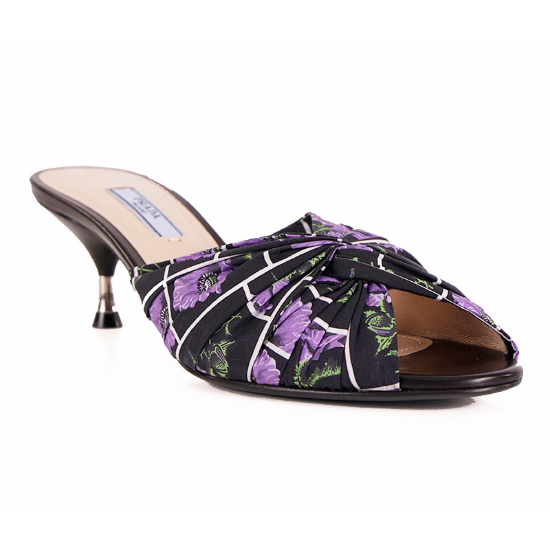 38.5 NEW $750 PRADA Black Cotton Canvas Purple POPPY Floral Print Kitten Heel SANDALSs