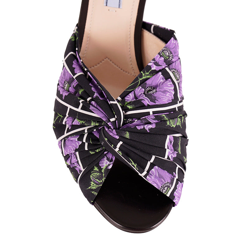38.5 NEW $750 PRADA Black Cotton Canvas Purple POPPY Floral Print Kitten Heel SANDALSs
