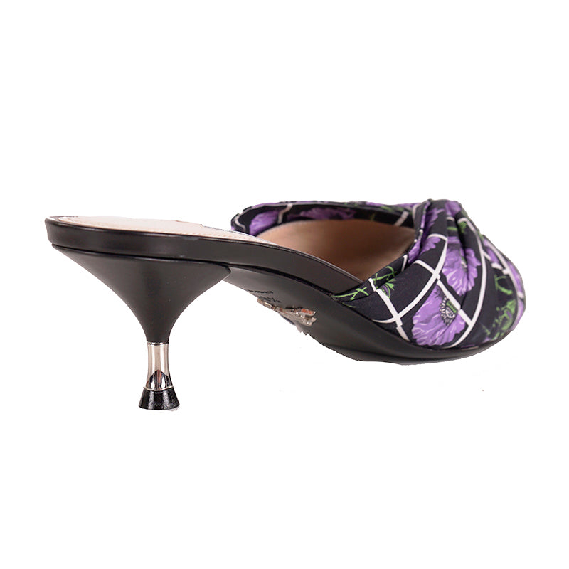 38.5 NEW $750 PRADA Black Cotton Canvas Purple POPPY Floral Print Kitten Heel SANDALSs