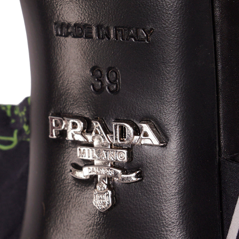 38.5 NEW $750 PRADA Black Cotton Canvas Purple POPPY Floral Print Kitten Heel SANDALSs