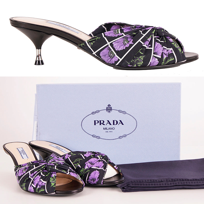 38.5 NEW $750 PRADA Black Cotton Canvas Purple POPPY Floral Print Kitten Heel SANDALSs