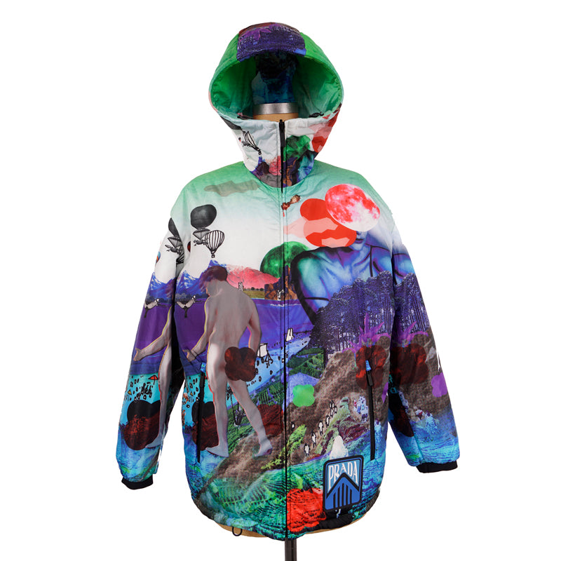 sz S NEW $2,410 PRADA Woman's GRAPHIC PRINT Nylon PRIMALOFT Hooded PARKA JACKET