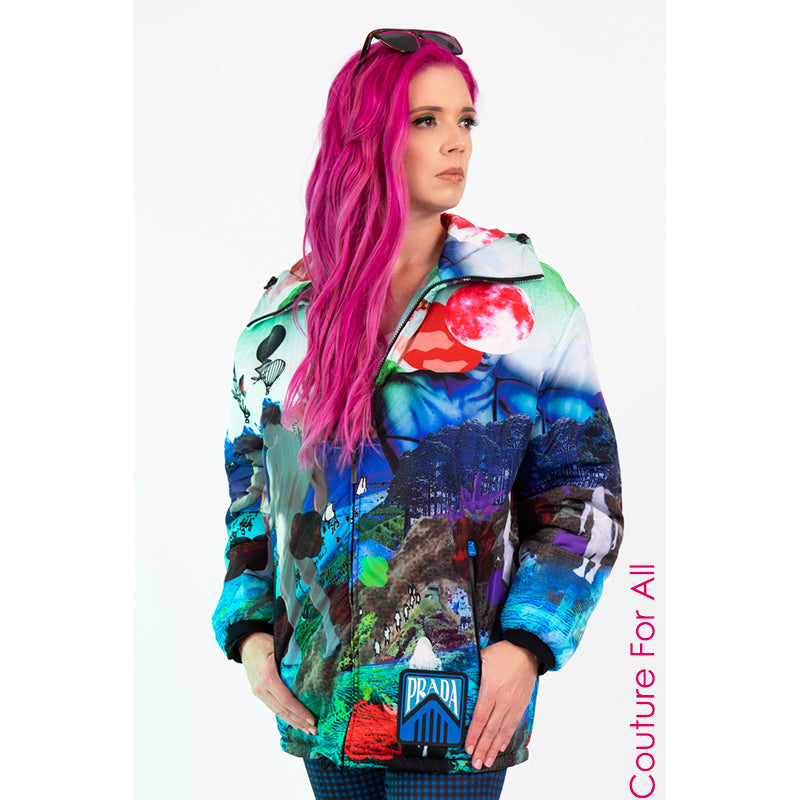 sz S NEW $2,410 PRADA Woman's GRAPHIC PRINT Nylon PRIMALOFT Hooded PARKA JACKET