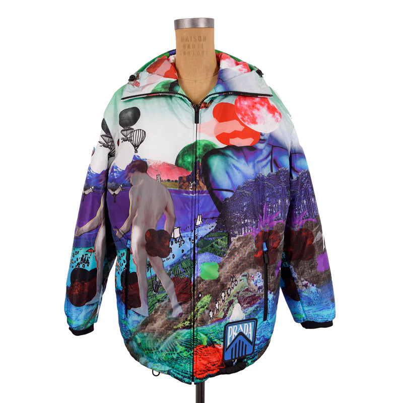 sz S NEW $2,410 PRADA Woman's GRAPHIC PRINT Nylon PRIMALOFT Hooded PARKA JACKET
