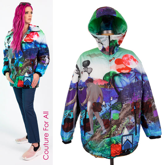 sz S NEW $2,410 PRADA Woman's GRAPHIC PRINT Nylon PRIMALOFT Hooded PARKA JACKET