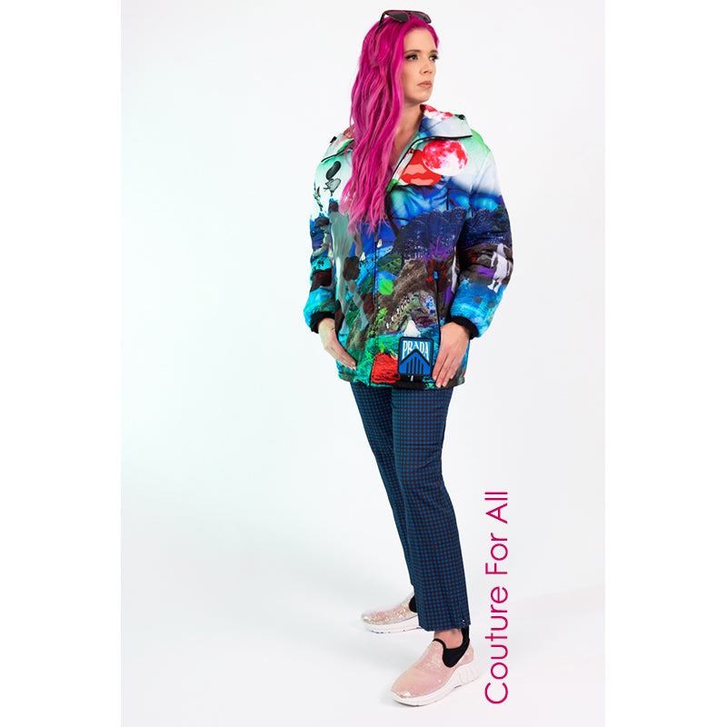 sz S NEW $2,410 PRADA Woman's GRAPHIC PRINT Nylon PRIMALOFT Hooded PARKA JACKET