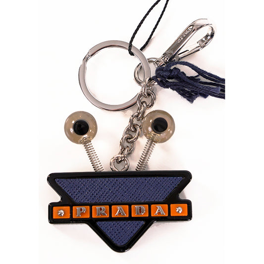 NEW $495 PRADA Blue Saffiano ROBOT GOOGLY EYE Resin Key Chain Trick BAG CHARM NIB