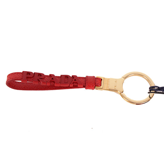 NEW $495 PRADA Fuoco Red SAFFIANO LEATHER Metal Logo Goldtone Bag Trick KEYCHAIN