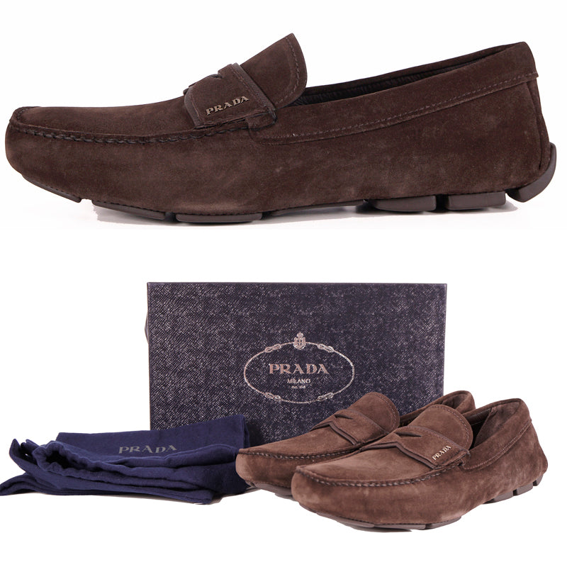 UK 7.5 US 8.5 NEW $670 PRADA Men's Brown Suede Moccasins Casual DRIVER LOAFERS