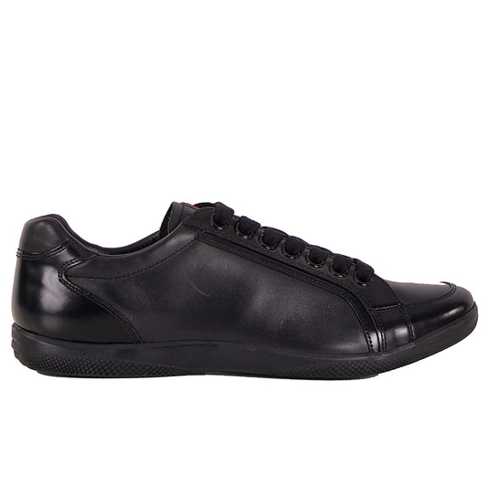US 8/8.5 NEW PRADA Mens LINEA ROSSA Black All Leather RED LOGO Line-A SNEAKERS