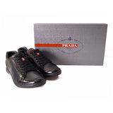 US 8/8.5 NEW PRADA Mens LINEA ROSSA Black All Leather RED LOGO Line-A SNEAKERS