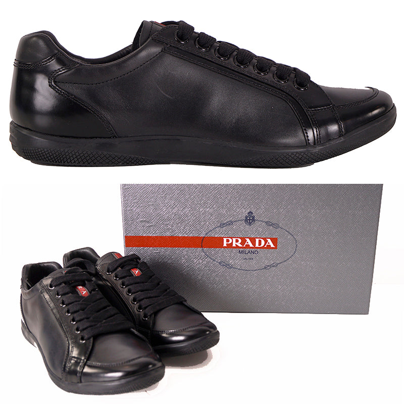 US 8/8.5 NEW PRADA Mens LINEA ROSSA Black All Leather RED LOGO Line-A SNEAKERS