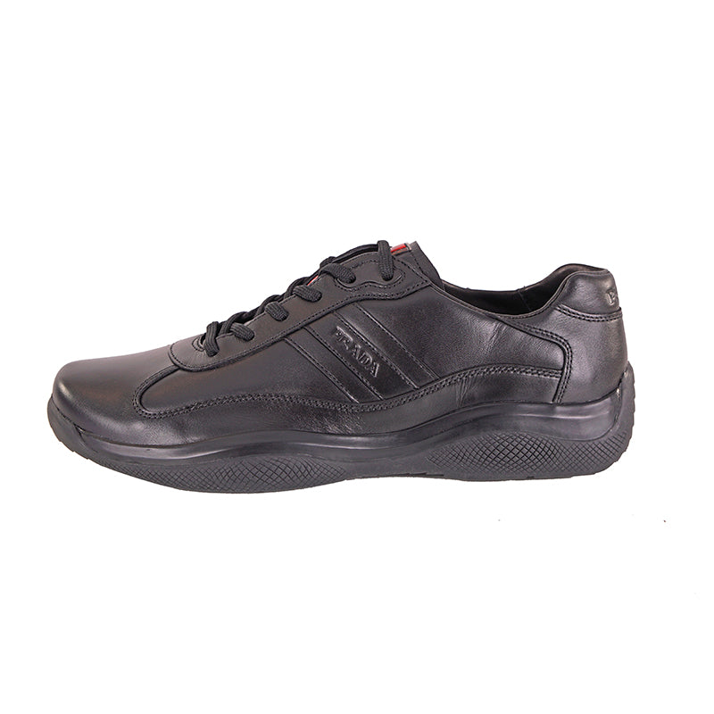 US 8/8.5 NEW PRADA Mens Black AMERICA'S CUP All Leather RED LOGO Line-A SNEAKERS