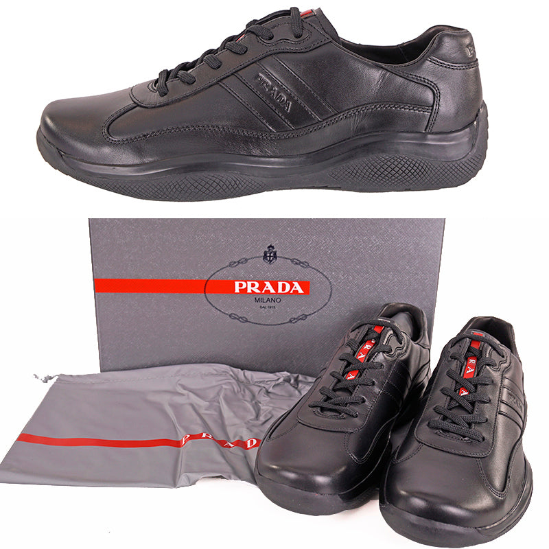 US 8/8.5 NEW PRADA Mens Black AMERICA'S CUP All Leather RED LOGO Line-A SNEAKERS