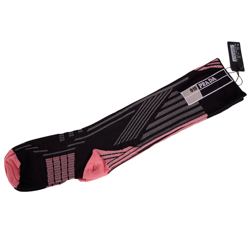US S NEW $265 PRADA RUNWAY Black Pink TECHNO LOGO Geometric KNIT KNEE SOCKS