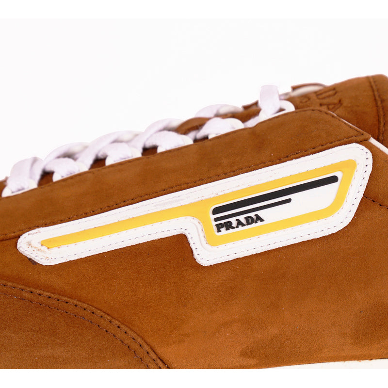 UK 9 US 10 NEW PRADA Brown Suede YELLOW LOGO Milano 70 'Retro' Low Top SNEAKERS