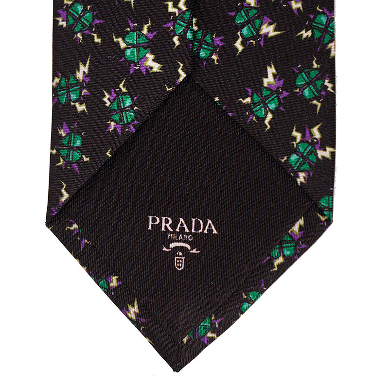 NEW $395 PRADA Frankenstein Collection Black Silk 7cm Heart Lightning Bolt Print Tie