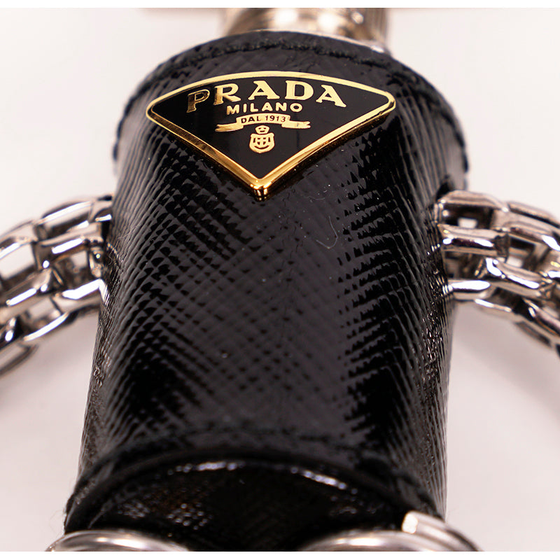 NEW $595 PRADA Black ROBOT Edward Hook Saffiano Leather METAL Keyring Trick BAG CHARM