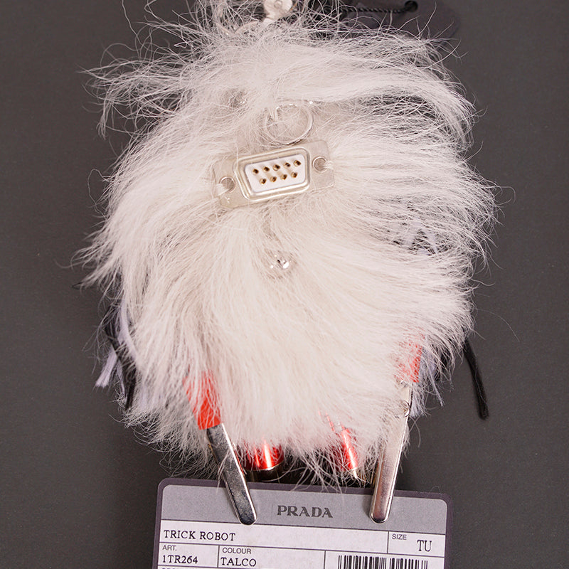 NEW $725 PRADA White Shearling RUFUS YETI MONSTER ROBOT Metal Keyring Trick BAG CHARM