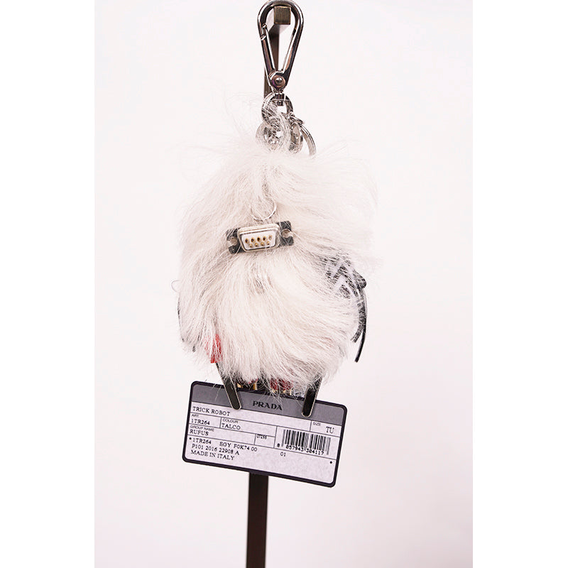NEW $725 PRADA White Shearling RUFUS YETI MONSTER ROBOT Metal Keyring Trick BAG CHARM