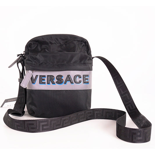 NEW $895 VERSACE Men's Black Nylon GRAY EMBOSSED LOGO Greca Crossbody SPORTY BAG