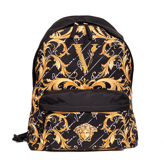 NEW $1,150 VERSACE Black GOLD BAROCCC MEDUSA Signature Print VIRTUS V BACKPACK